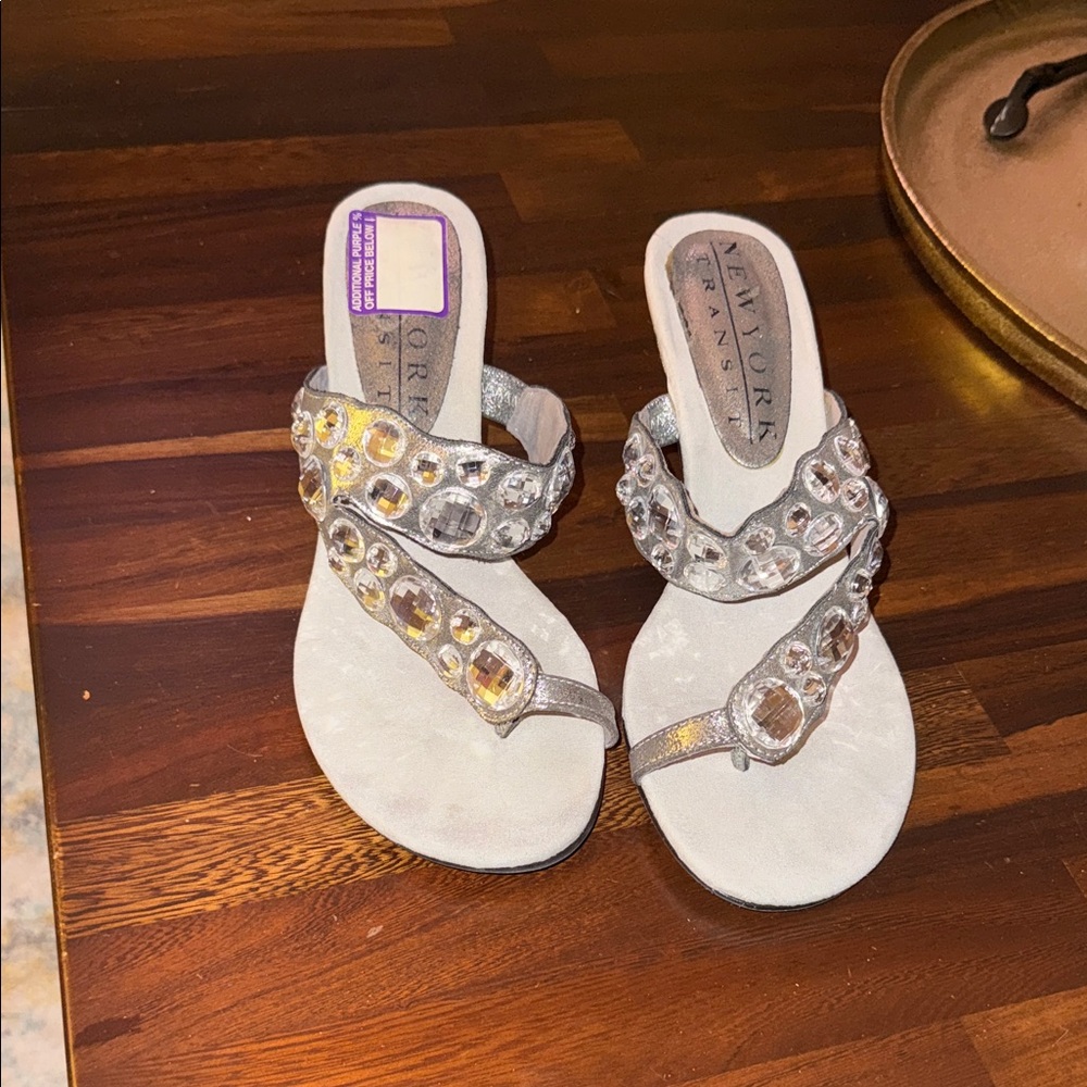 New York Transit Silver Jeweled Toe-Loop Sandals